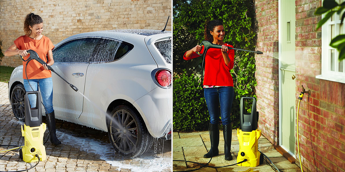 Myjka wysokociśnieniowa K 2 firmy Karcher. Kolaż zdjęć. Kobieta myjąca samochód. Kobieta myjąca fasadę domu jednorodzinnego.