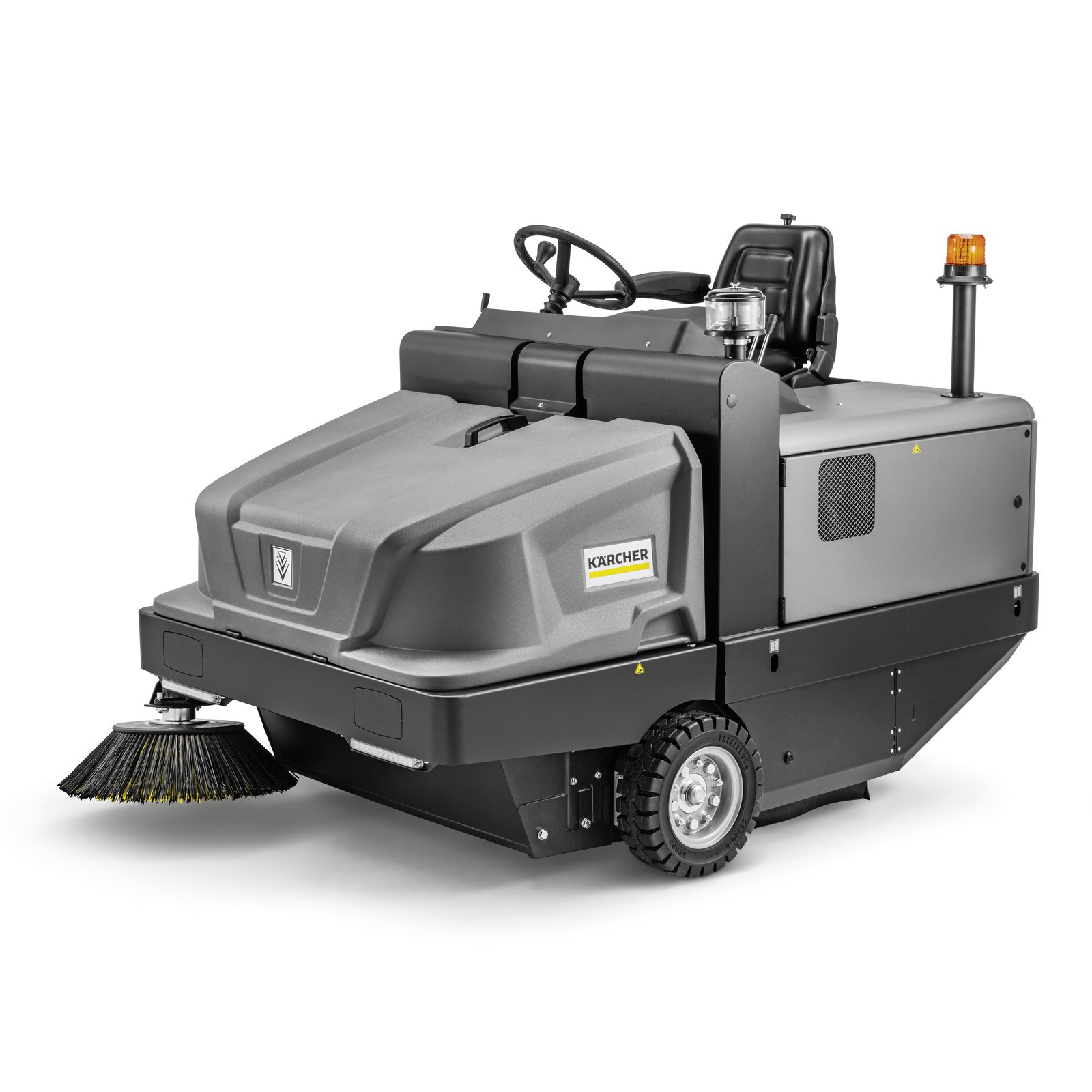 Profesjonalna, zamiatarka przemysłowa KM 130/300 R D firmy Karcher z napędem Diesla. Profesjonalna, zamiatarka przemysłowa KM 130/300 R D firmy Karcher z napędem Diesla. Prezentowana w pozycji stojącej.